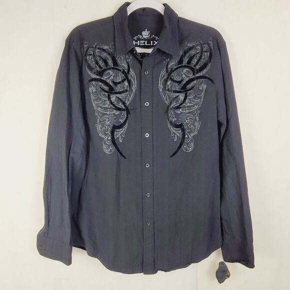 New Helix black button up Size Medium long sleeve velvet graphic Y2K Western - Picture 1 of 7